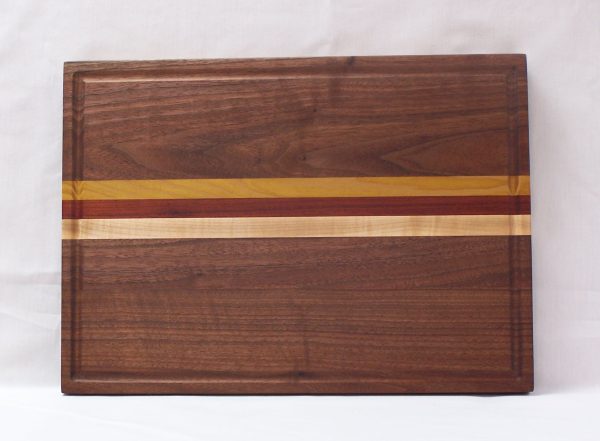 Walnut Cutting Board with Padauk, Hard Maple and Osage Orange Stripes with Juice Groove and Feet