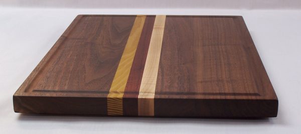 Walnut Cutting Board with Padauk, Hard Maple and Osage Orange Stripes with Juice Groove and Feet - Image 3